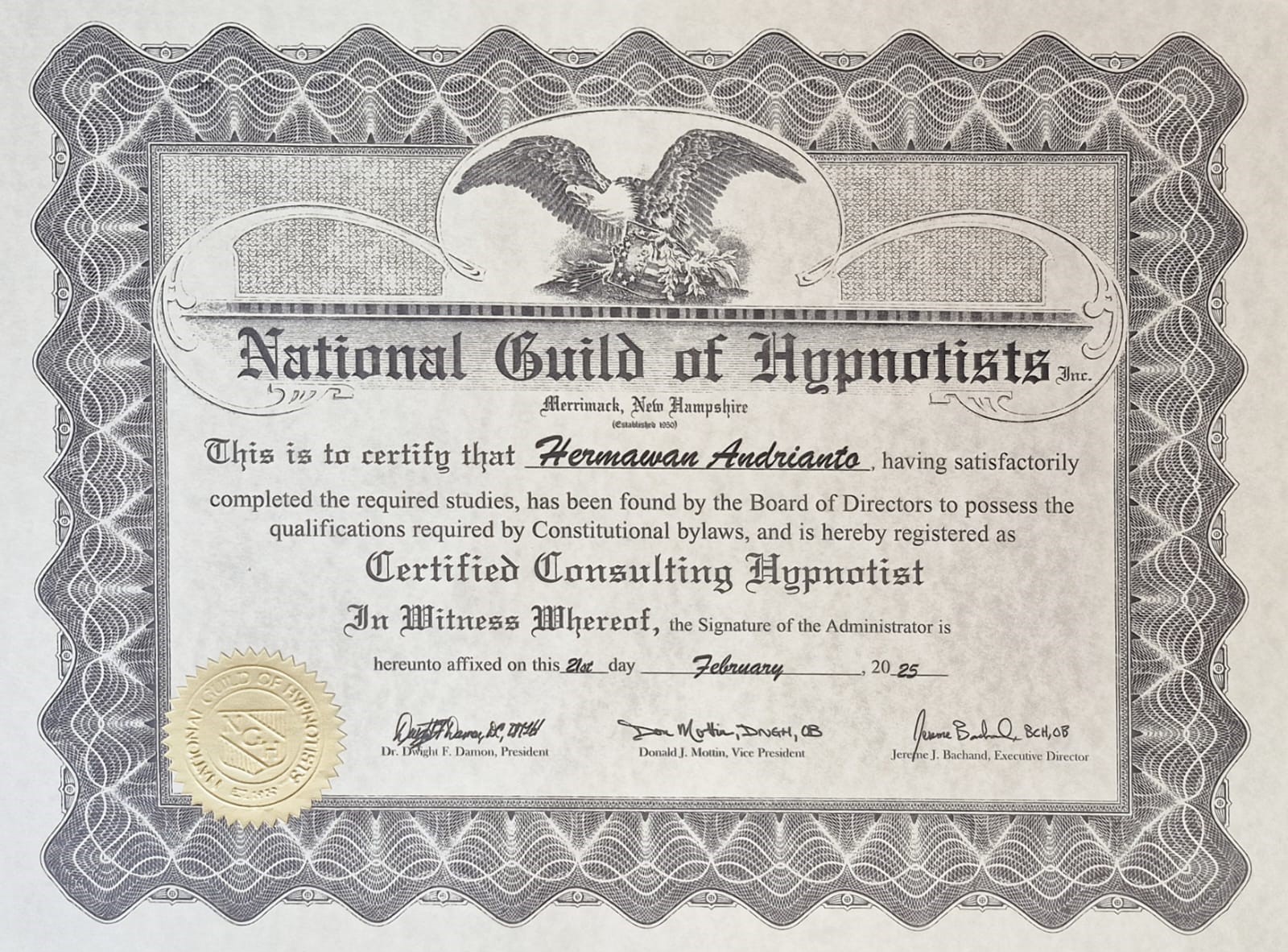 National Guild of Hypnotist (NGH-USA) – Certified Hypnotherapist – Hermawan Andrianto National Guild of Hypnotist (NGH-USA) - Certified Hypnotherapist - Hermawan Andrianto